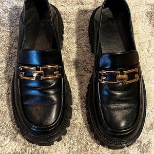 Lattelier Black Leather Loafers with Gold Buckle